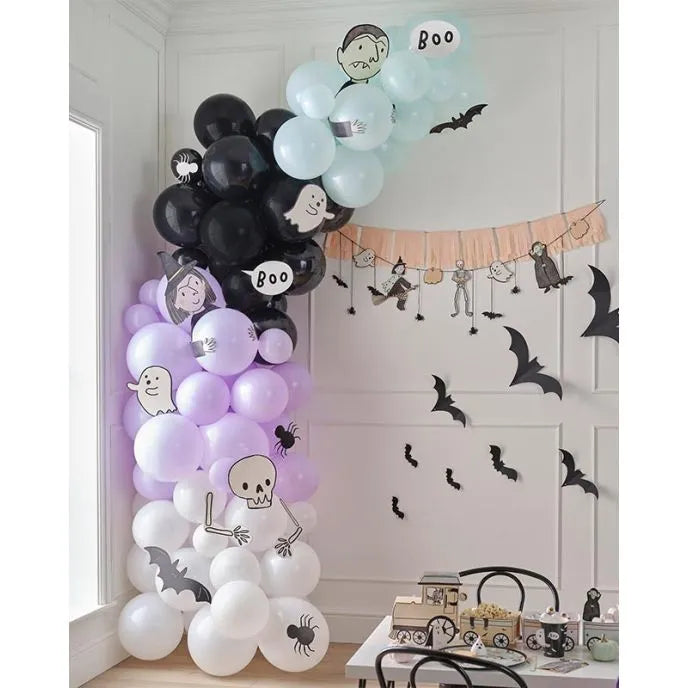 Multicoloured Halloween Balloon Arch with Card Characters