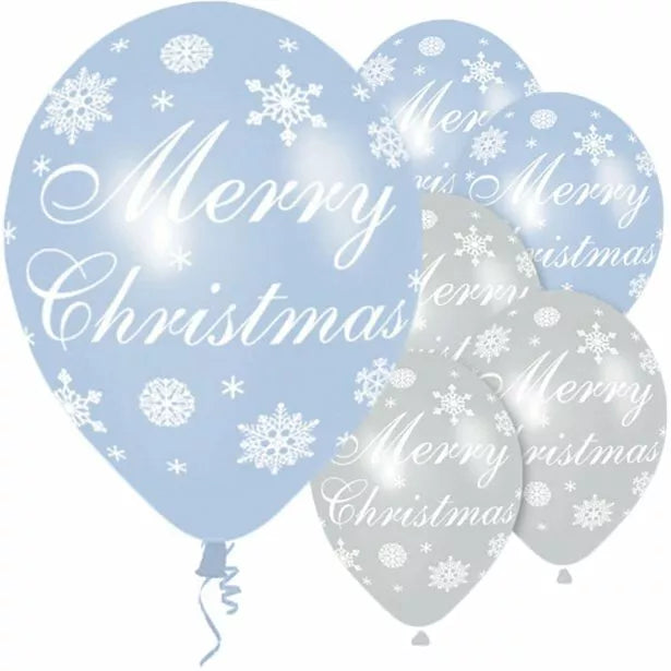 "Merry Christmas" Blue & Silver Snowflake Balloons - 11" Latex
